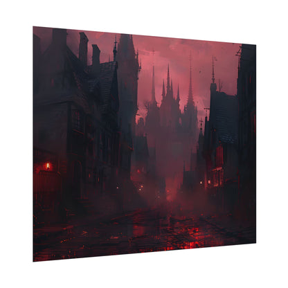 Dark Gothic Cityscape: A Serene Misty Dusk Scene - Poster