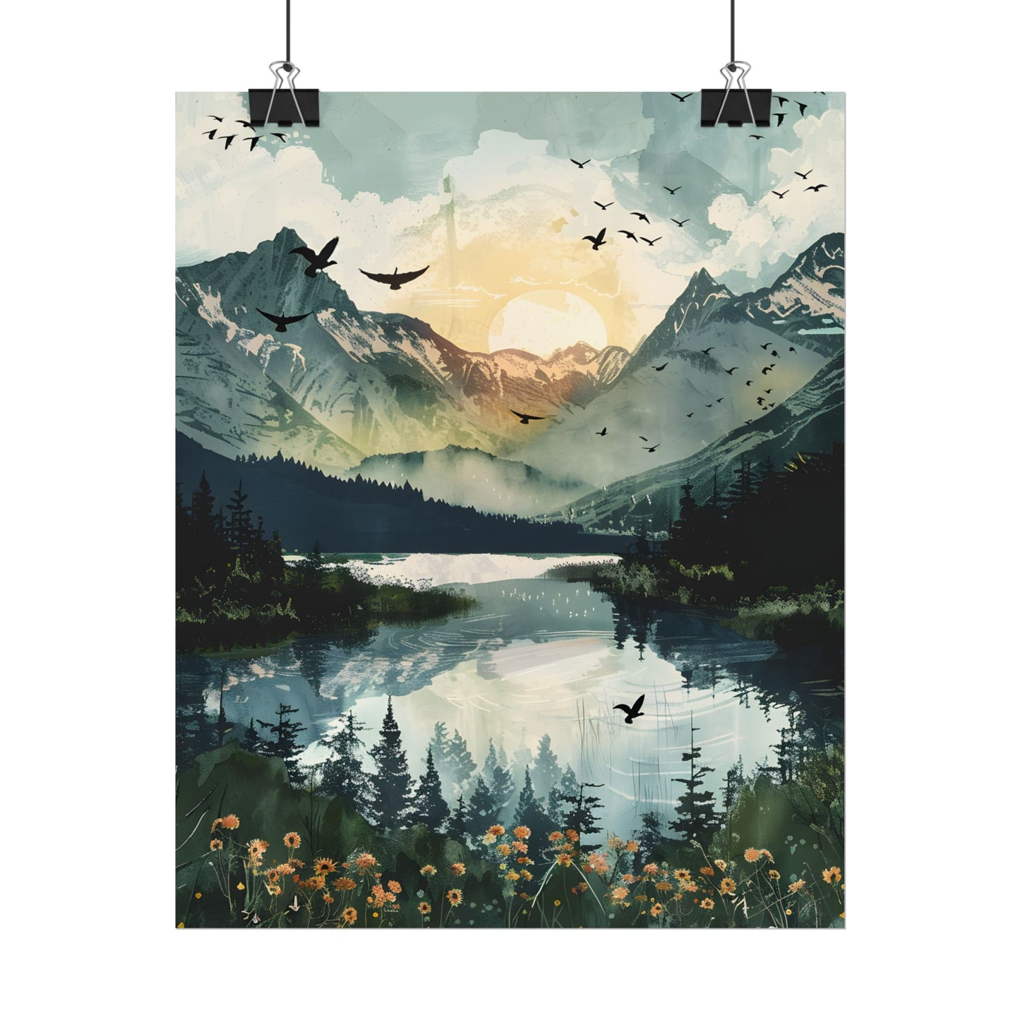 Serene Mountain Lake: Birds in Flight - Natural Art - Poster