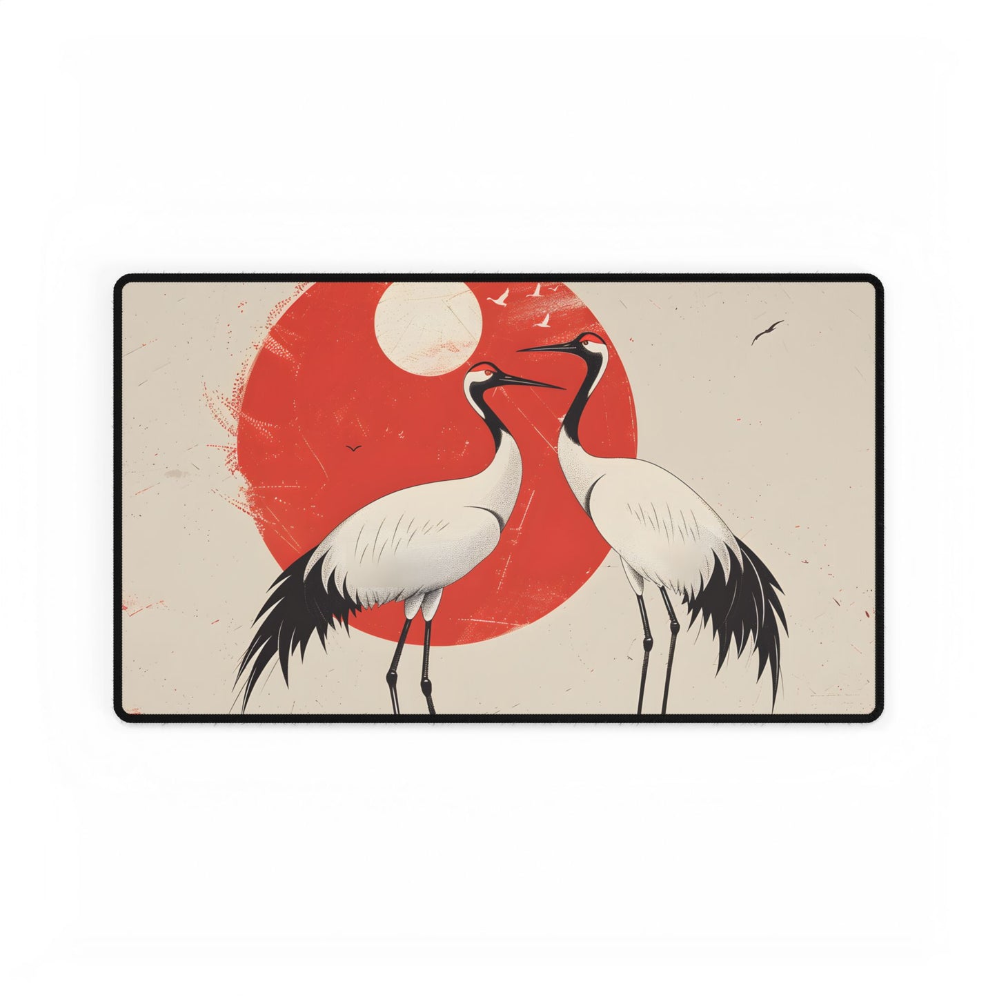 Serene Wildlife Sanctuary: Cranes in Red Nature Scene Art - Desk Mat