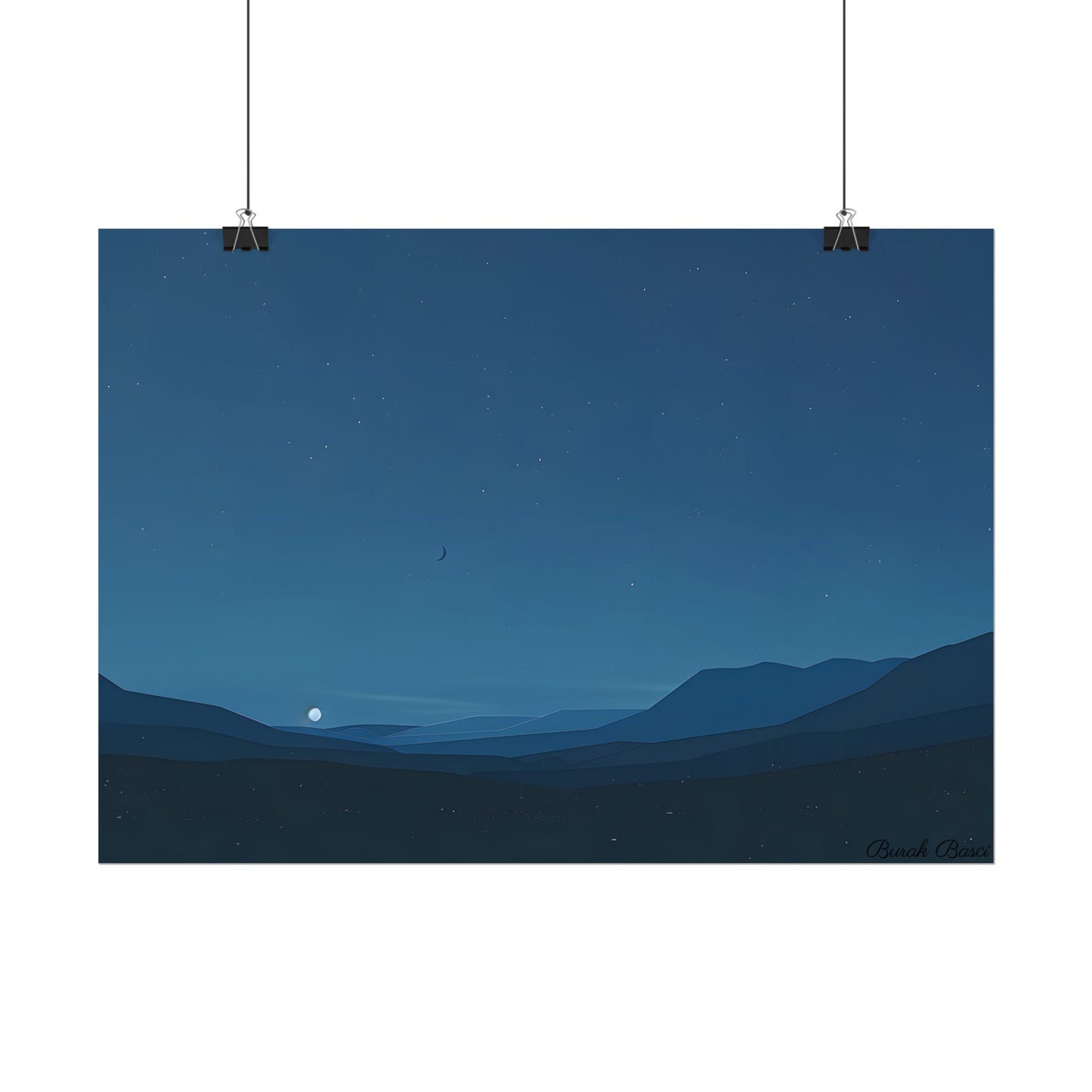 Minimalist Night Sky: Stars and Crescent Moon Art - Poster