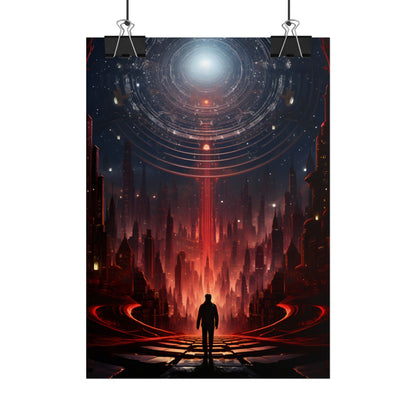Futuristic Cityscape: Neon Sky Meets Nature's Harmony - Poster