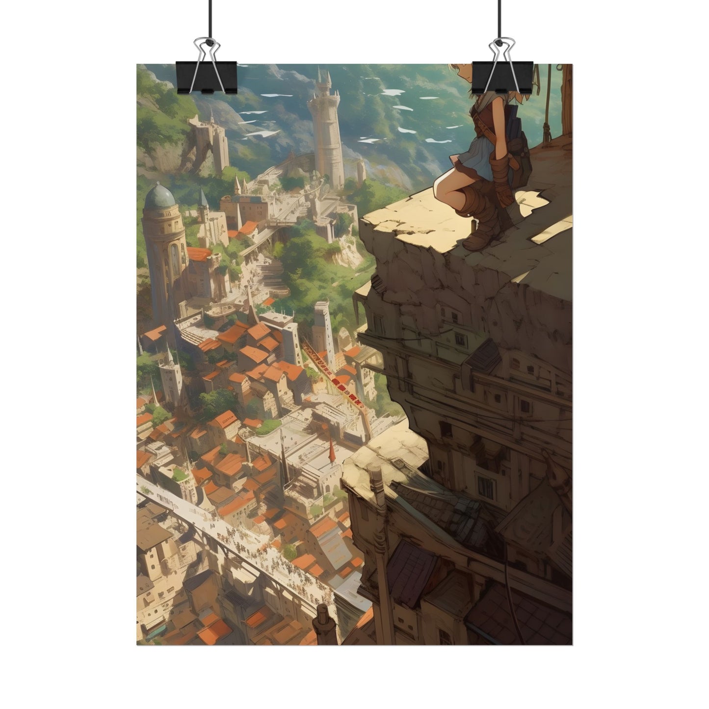 Dramatic Anime Bird's Eye View: Blonde Female in Action with Flying Birds - Poster