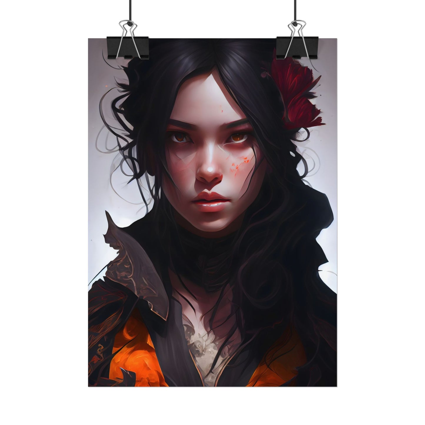 Black Hair Female Portrait: Elegant Dress Artwork - Poster