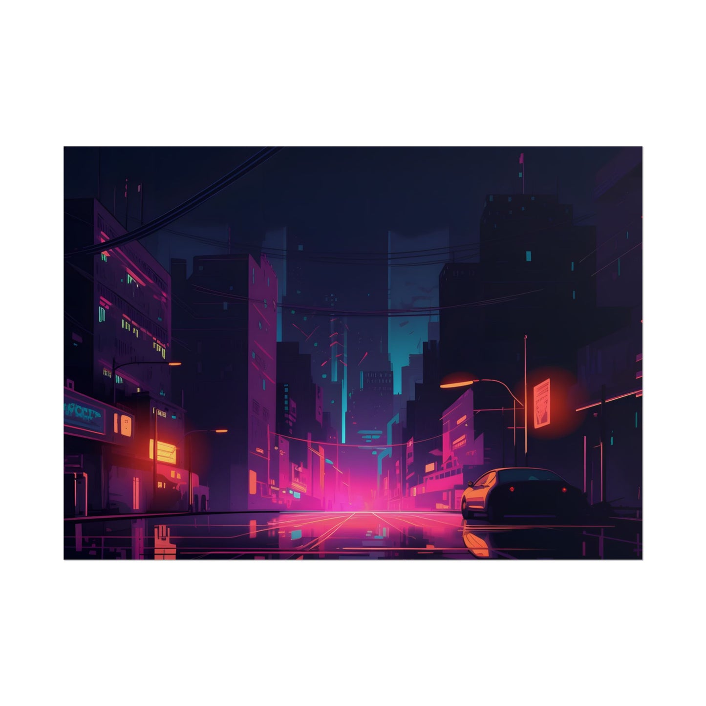 Cyberpunk Night: Moody Cityscape with Unique Architecture - Poster
