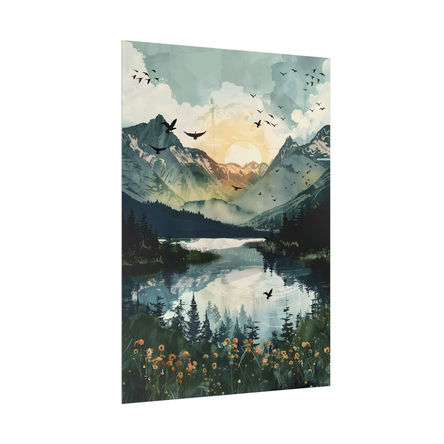 Serene Mountain Lake: Birds in Flight - Natural Art - Poster