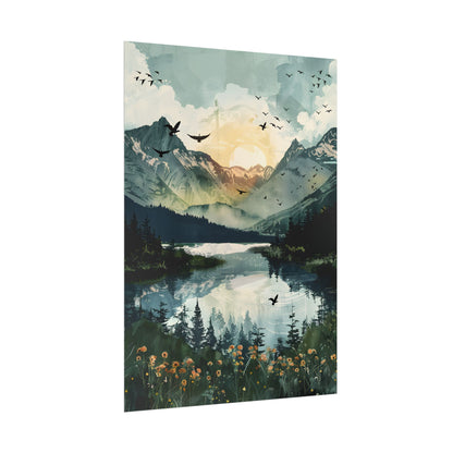 Serene Mountain Lake: Birds in Flight - Natural Art - Poster