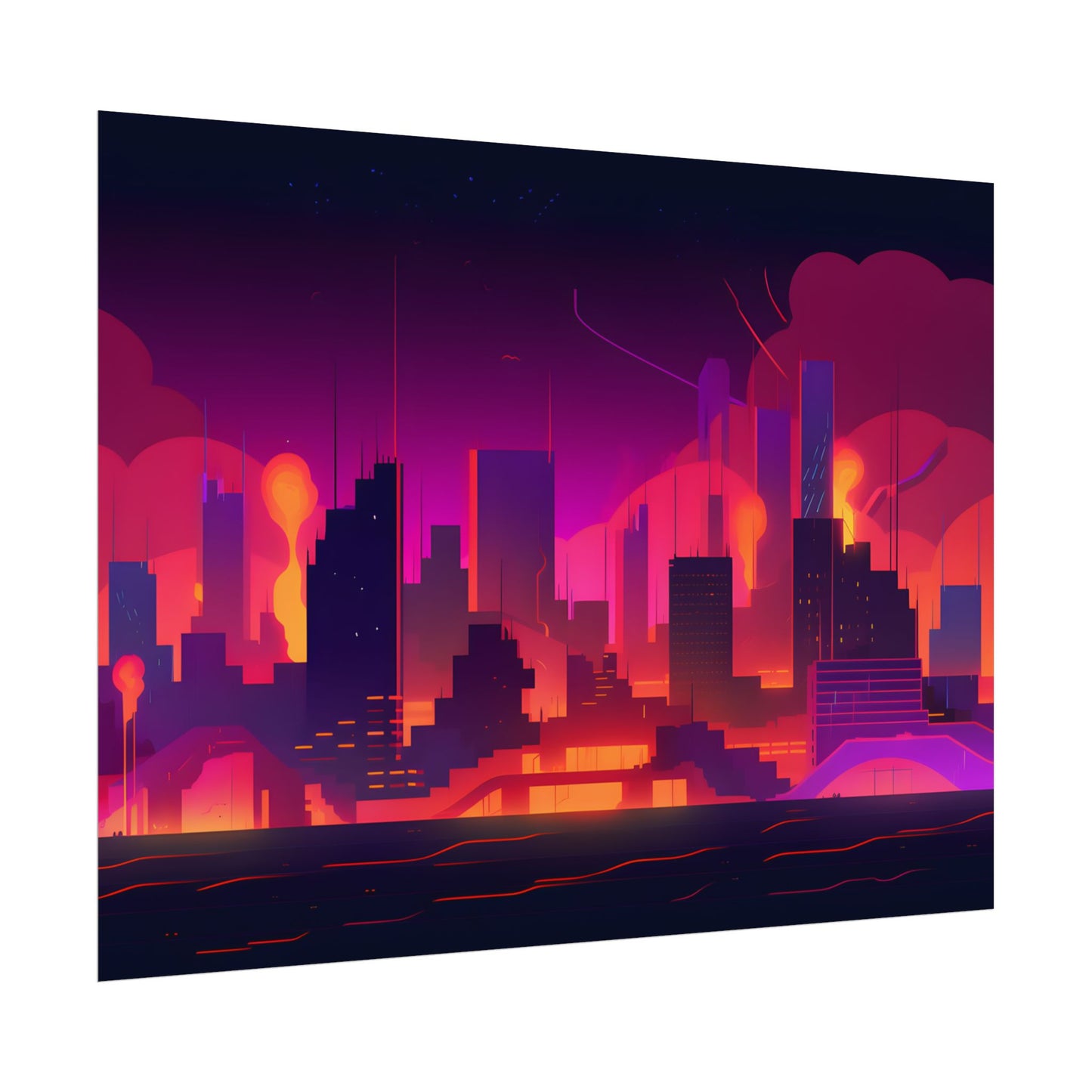 Burning Cyberpunk Cityscape: Nighttime Digital Artwork - Poster