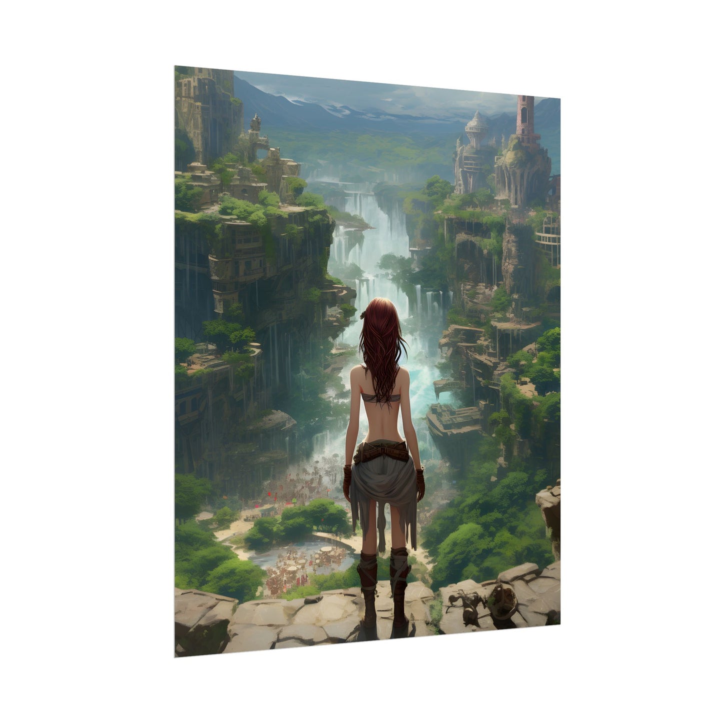 Dramatic Birds Eye View: Red Haired Anime Girl in Urban Landscape - Poster