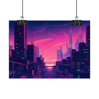 Melancholic Cyberpunk Cityscape: Neon Night Digital Art - Poster
