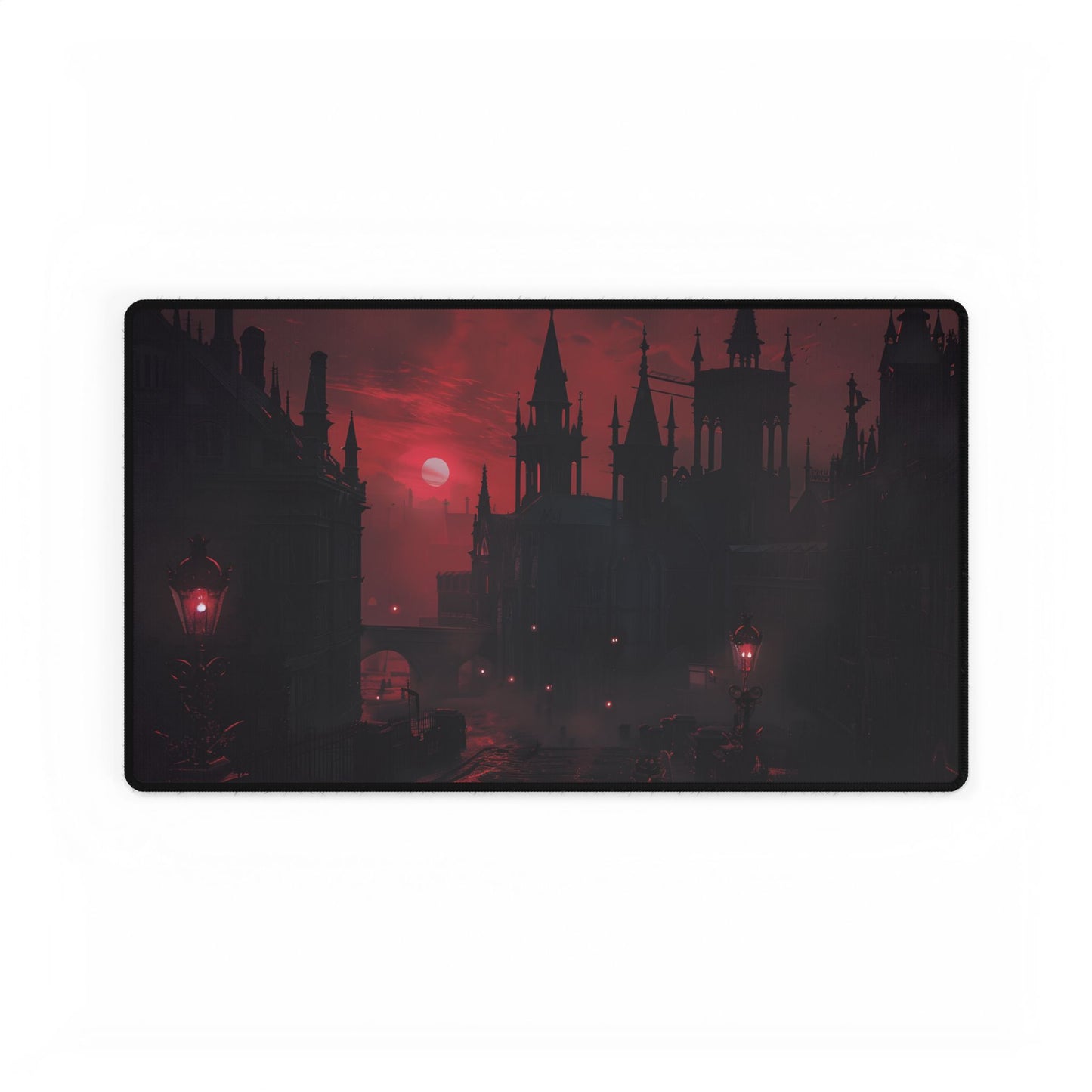 Gothic Cityscape at Dusk: Ethereal Misty Architecture Art - Desk Mat