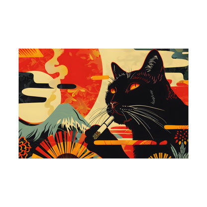 Whimsical Cat Smoking: Red & White Stripe Artwork - Poster
