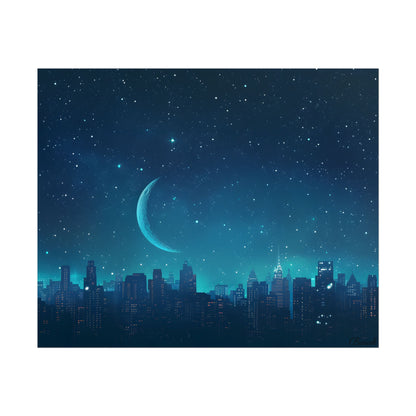 Starry Night Sky: Tranquil Dark Blue Scene with Crescent Moon - Poster