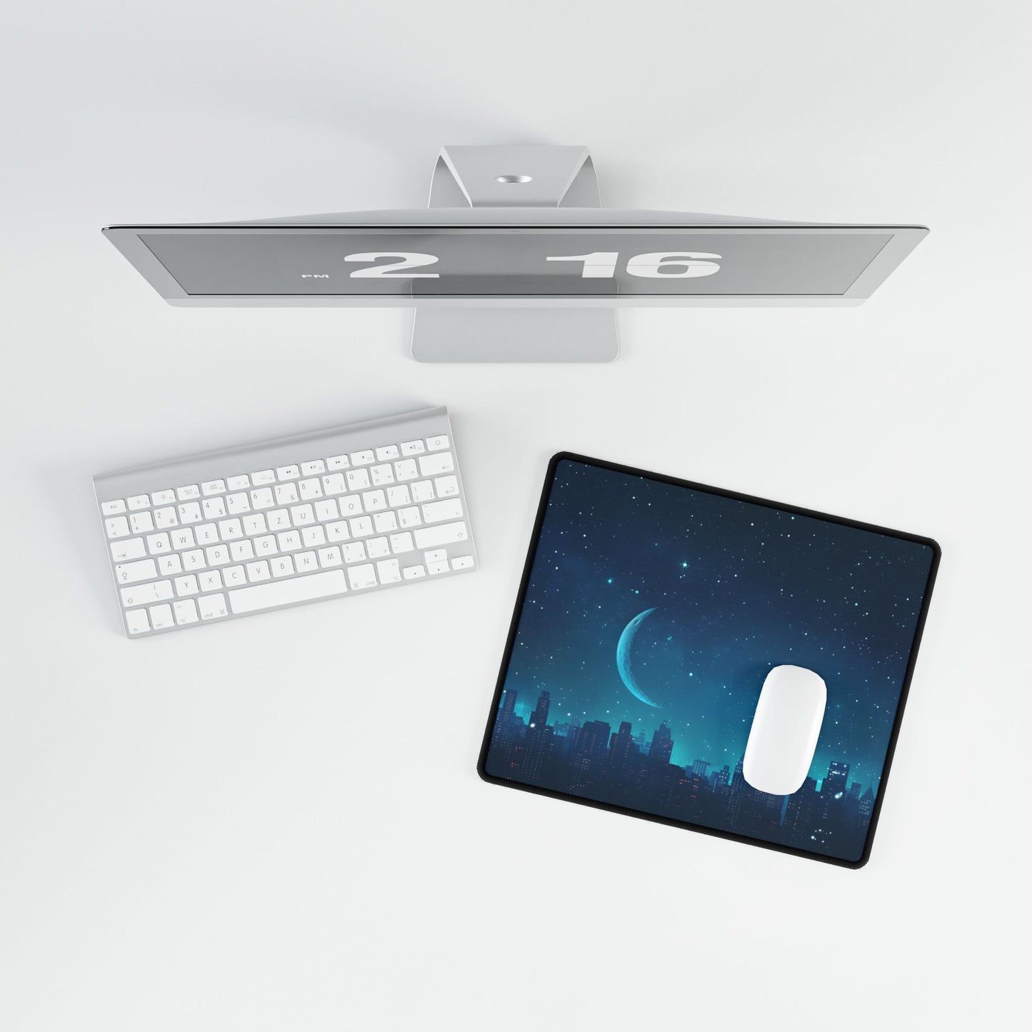 Starry Night Sky: Tranquil Dark Blue Scene with Crescent Moon - Desk Mat