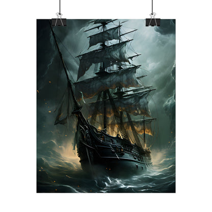 Ghostly Pirate Ship: Sailing Solo in Eerie Blue Skies - Poster