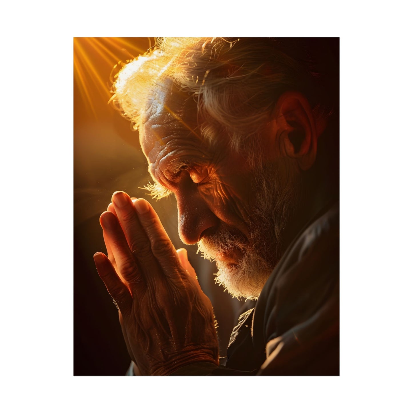 Serenity in Prayer: Elderly Man's Quiet Moment - Poster