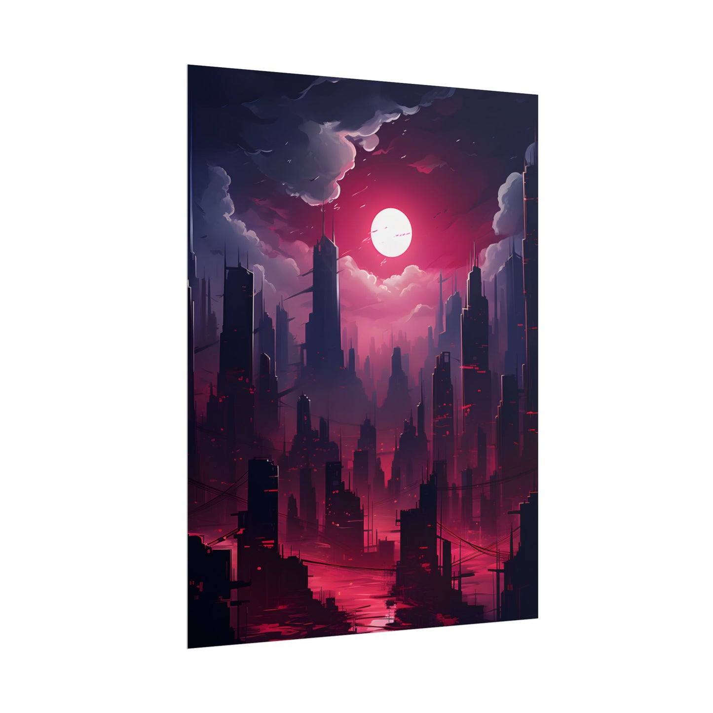 Burning Cyberpunk Cityscape: Digital Artwork at Night - Poster