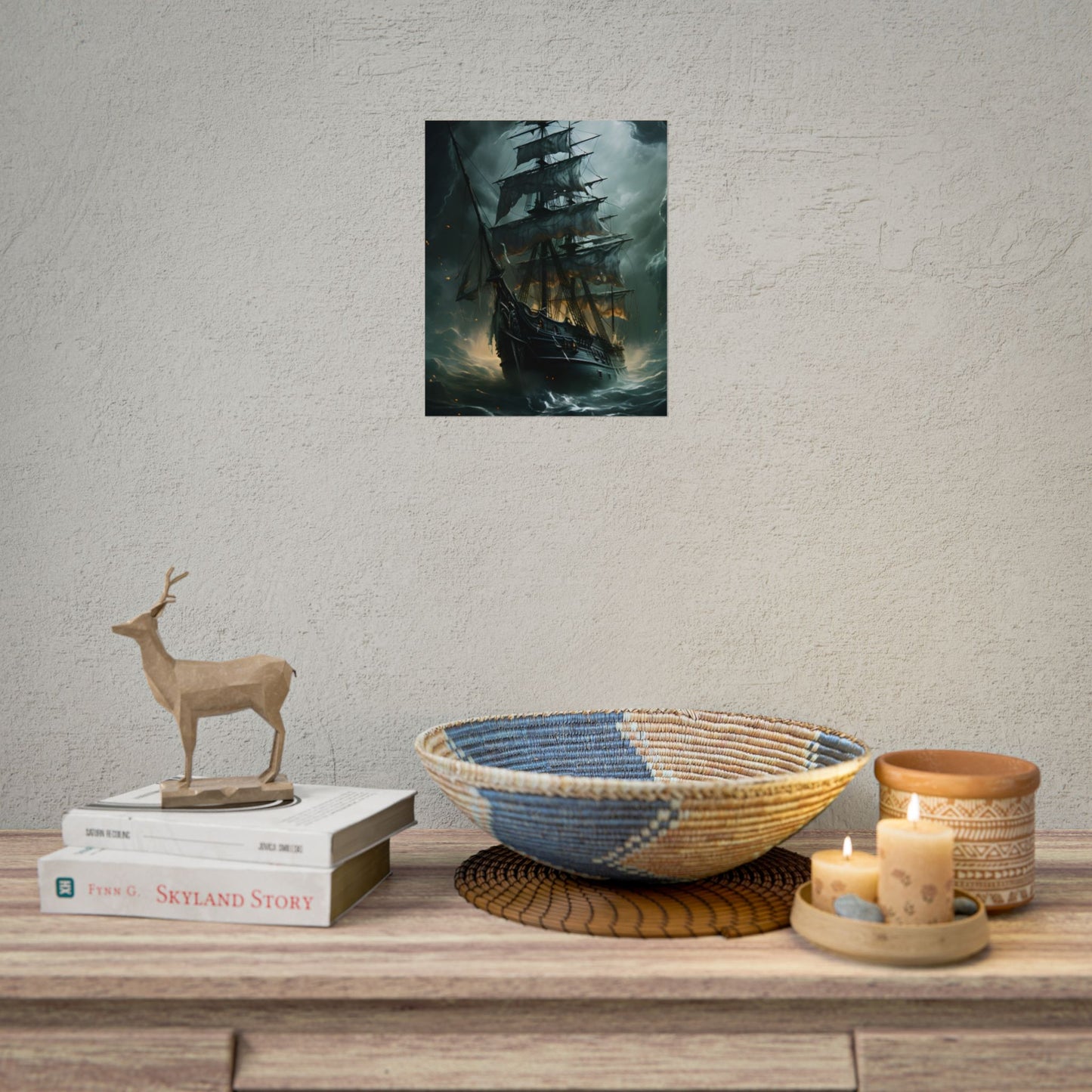 Ghostly Pirate Ship: Sailing Solo in Eerie Blue Skies - Poster