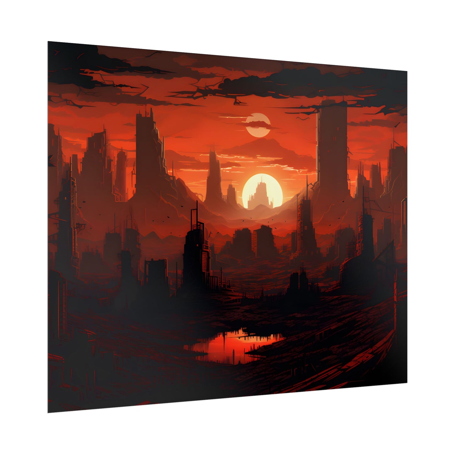 Cyberpunk Nighttime Cityscape: Burning City Digital Art - Poster