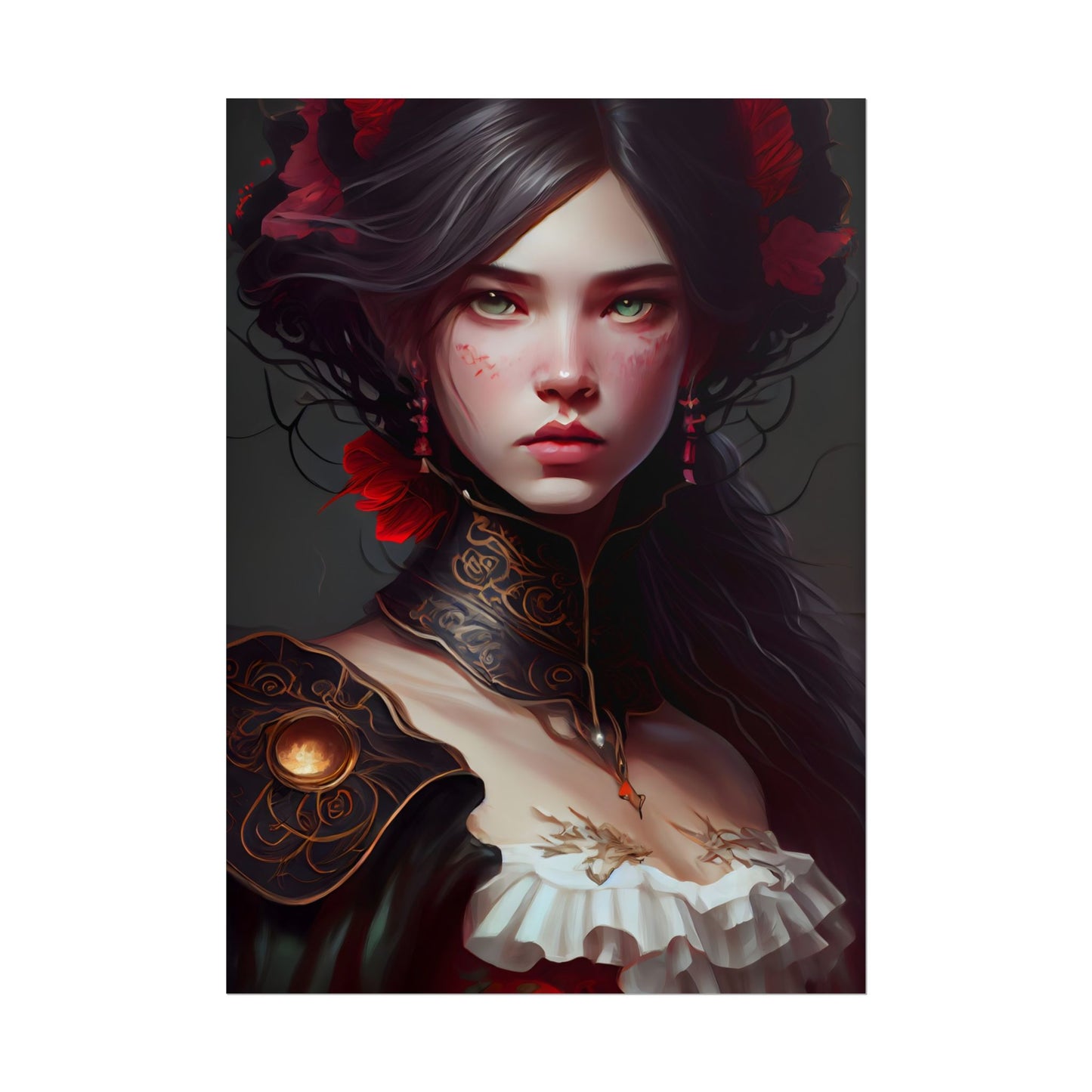Elegant Black Hair Portrait in White Dress - Poster