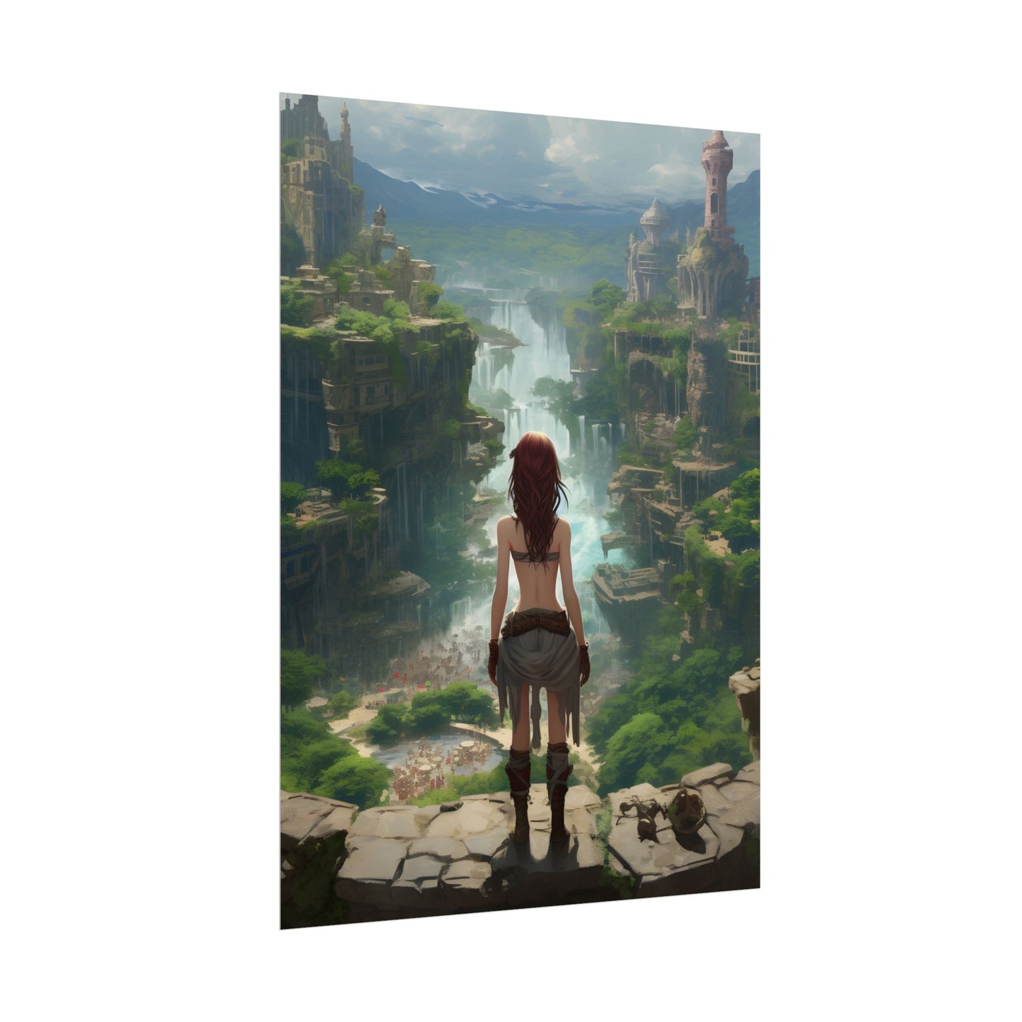 Dramatic Birds Eye View: Red Haired Anime Girl in Urban Landscape - Poster