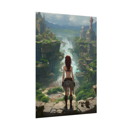 Dramatic Birds Eye View: Red Haired Anime Girl in Urban Landscape - Poster