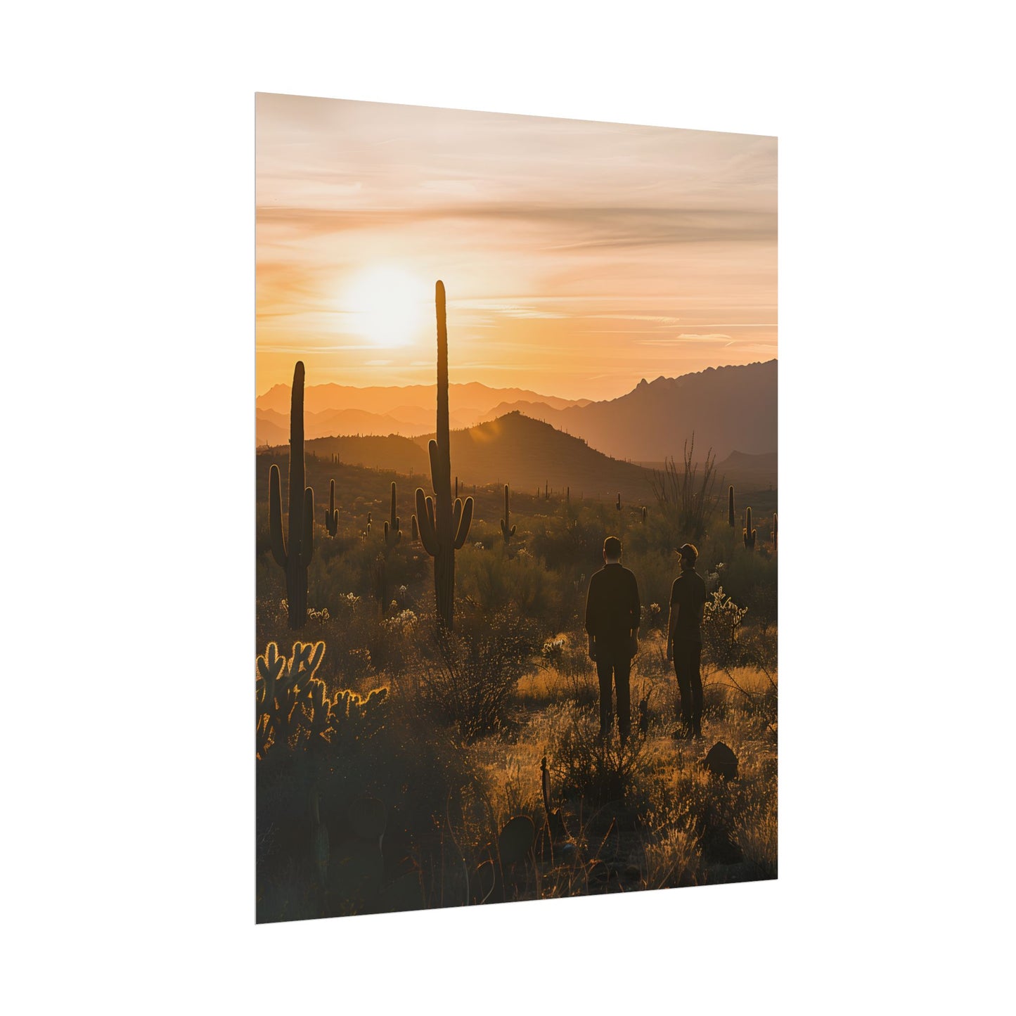 Desert Sunset Serenity: Two Friends Standing Together - Poster