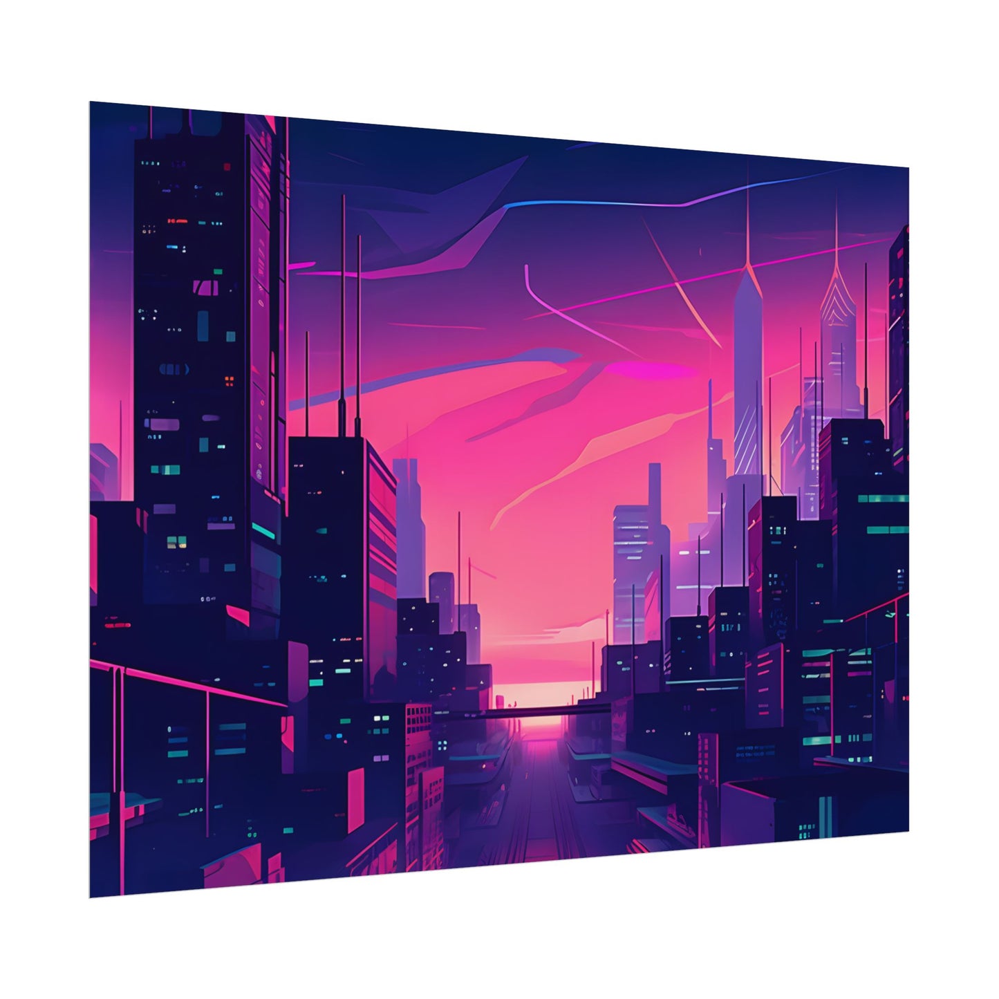 Melancholic Cyberpunk Cityscape: Neon Night Digital Art - Poster