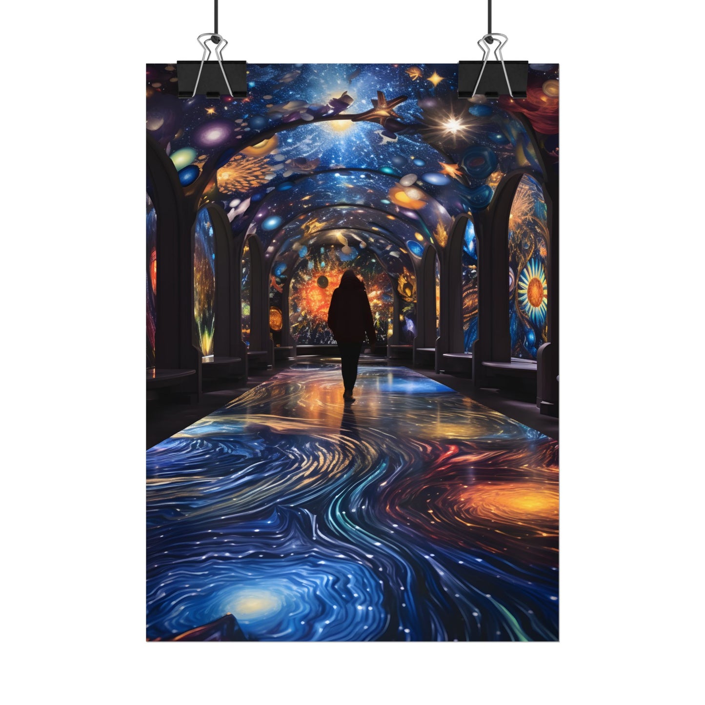 Celestial Art Gallery: Vibrant Space-Themed Artwork in a Colorful Interior - Poster