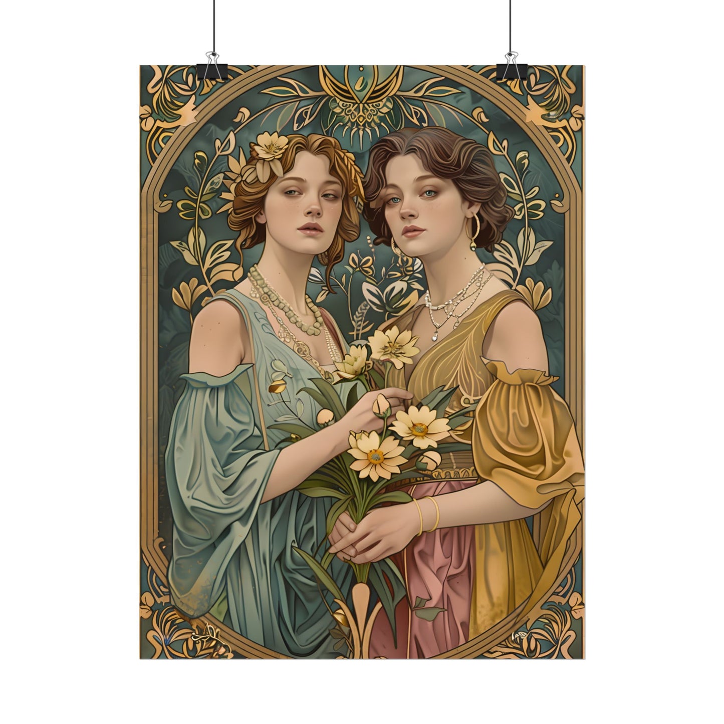 Two Women in Ornate Attire Holding Primr: Traditional Turkish Artwork - Poster