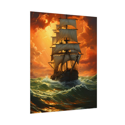 Nature's Serenity: Realistic Oil Painting of a Green Ship - Poster