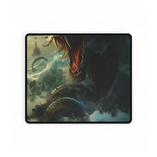 Mythical Sea Monster: Calming Green Scaled Creature Art - Desk Mat