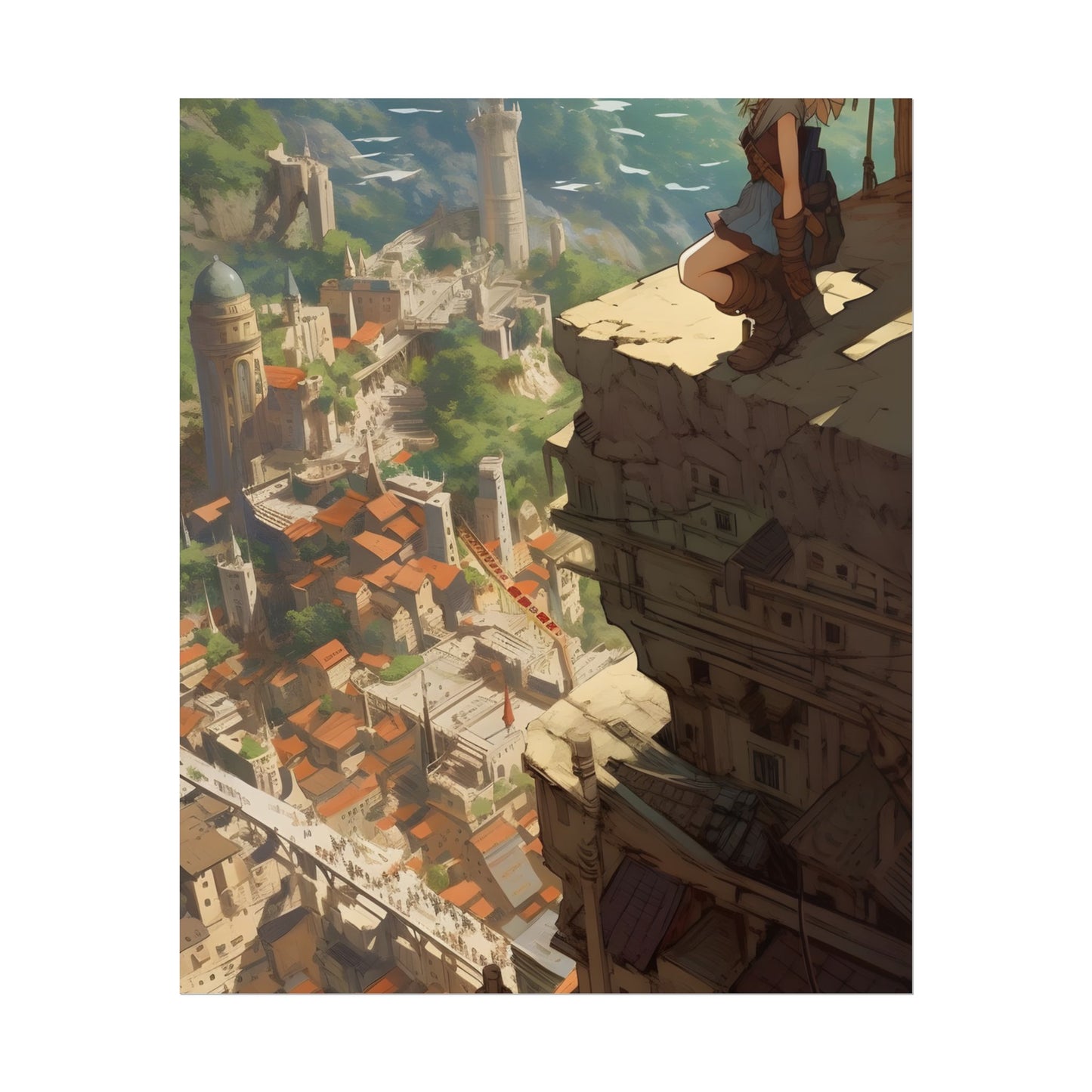 Dramatic Anime Bird's Eye View: Blonde Female in Action with Flying Birds - Poster