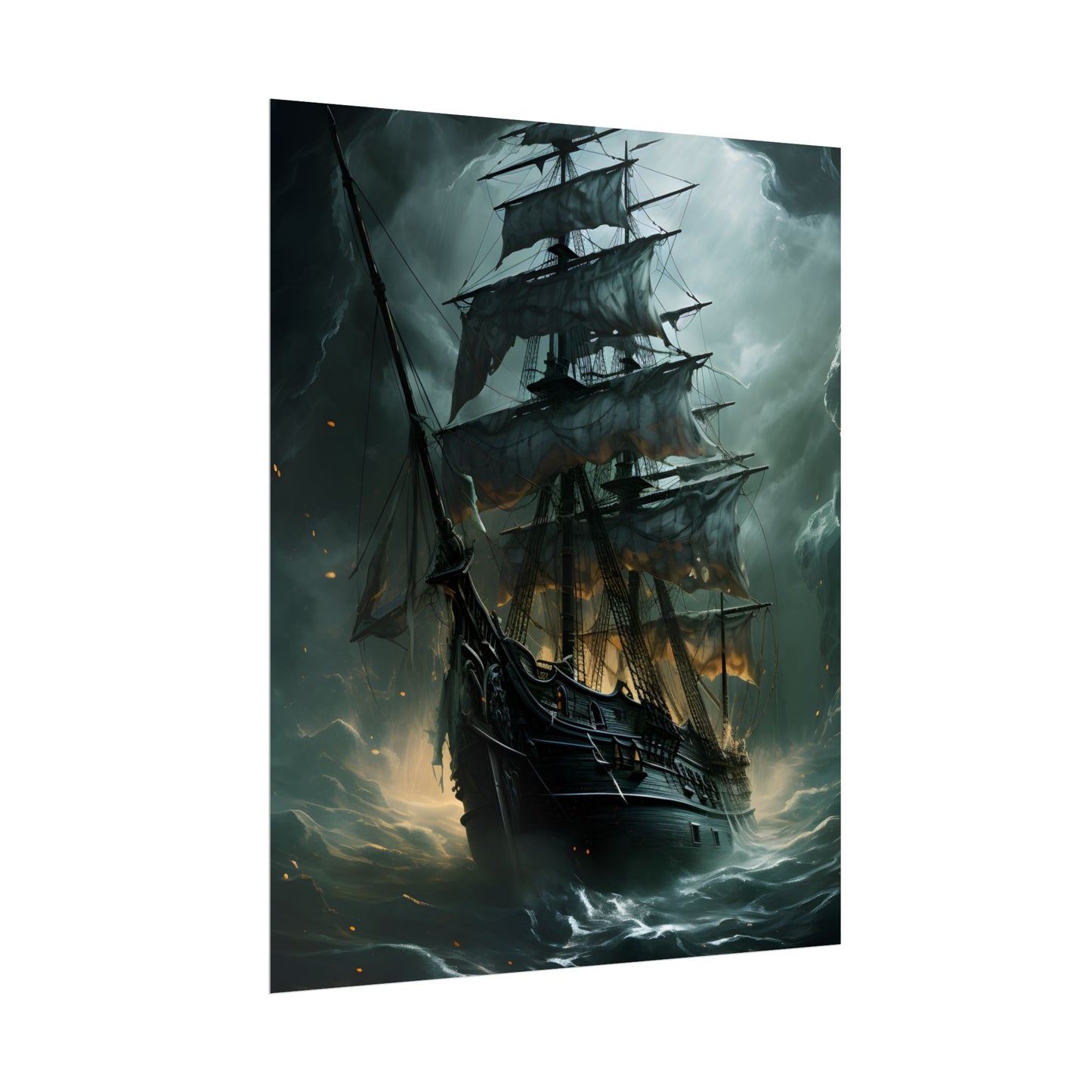 Ghostly Pirate Ship: Sailing Solo in Eerie Blue Skies - Poster