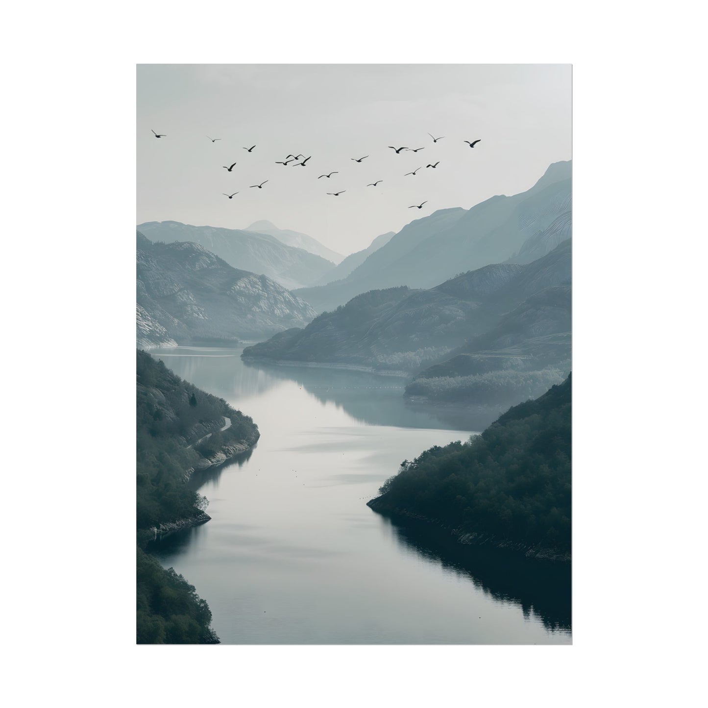 Peaceful Mountain Oasis: Serene Birds Eye View Artwork - Poster