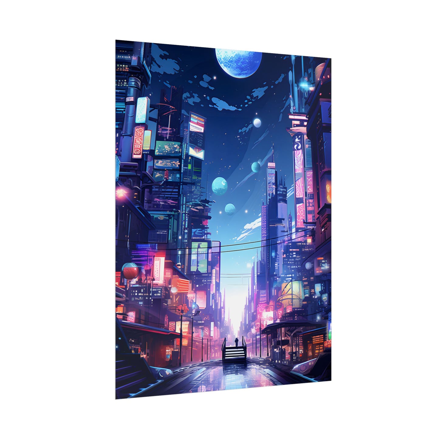 Melancholic Night in Cyberpunk City: Urban Landscape Art - Poster