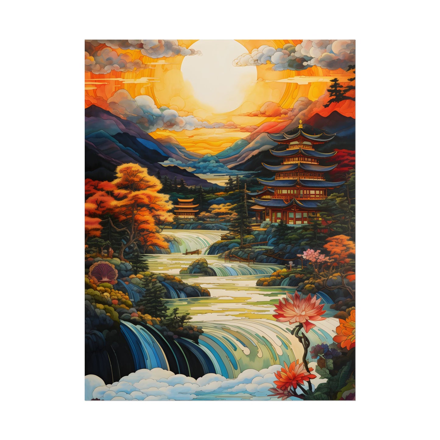 Peaceful Japanese River Landscape with Flowers: Serene Artwork - Poster
