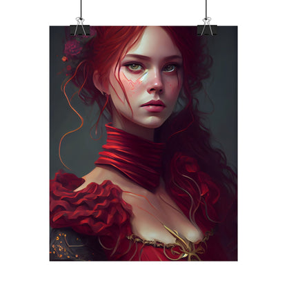 Vibrant Redhead Portrait: Female Artwork in Red Dress - Poster