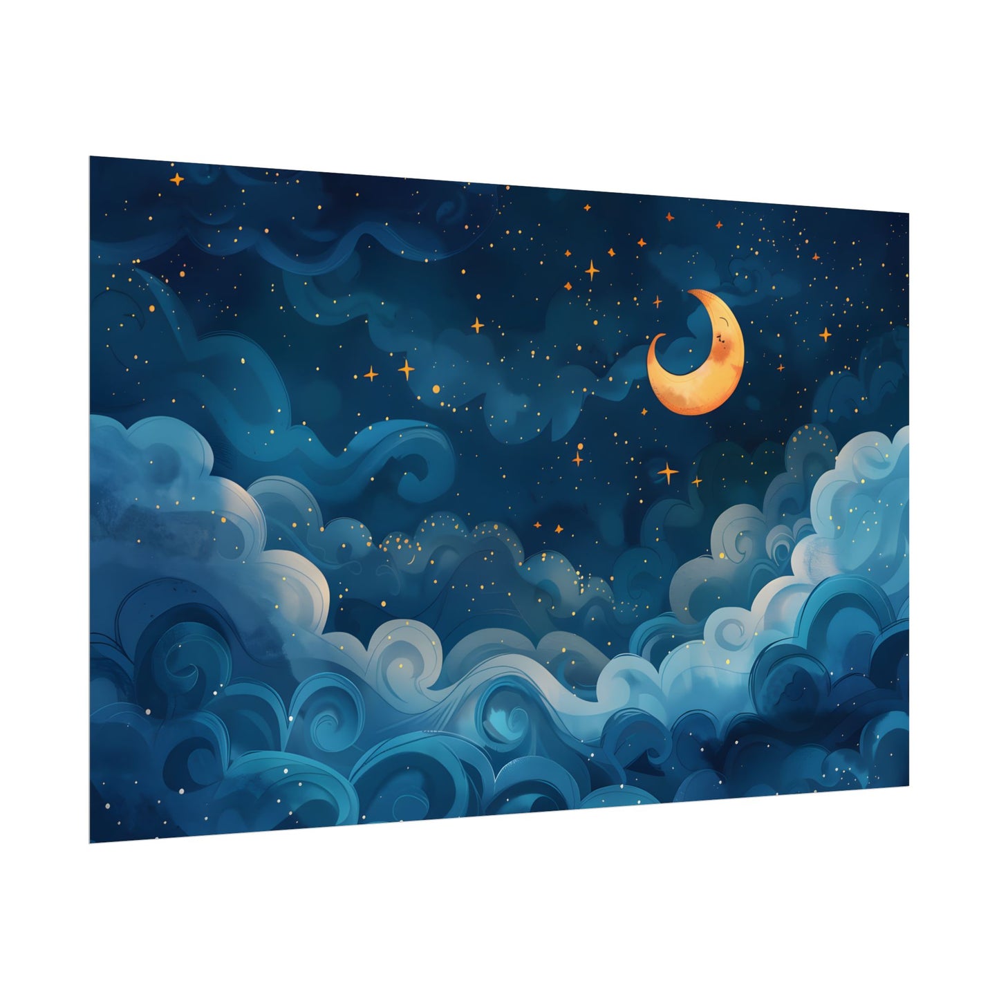 Surreal Night Sky Dreamscape: Whimsical Stars and Clouds Art - Poster