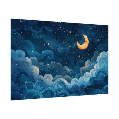 Surreal Night Sky Dreamscape: Whimsical Stars and Clouds Art - Poster