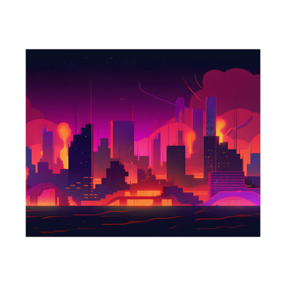 Burning Cyberpunk Cityscape: Nighttime Digital Artwork - Poster