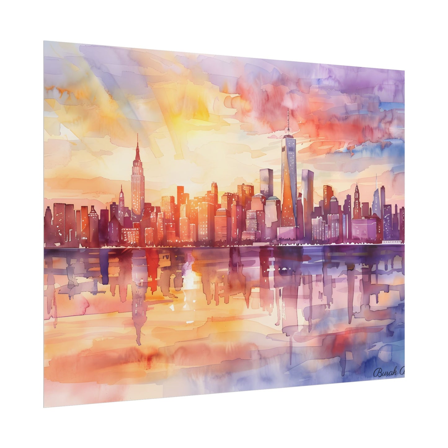 Watercolor Sunset New York City Skyline: Beautiful Artwork - Poster