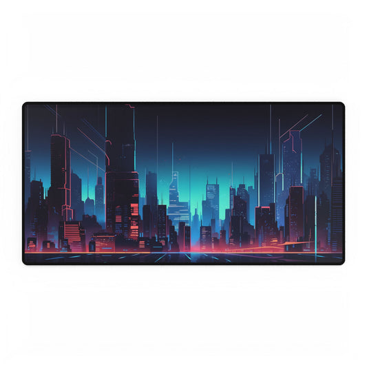 Melancholic Night Cyberpunk Cityscape: Neon Dreams Digital Art - Desk Mat