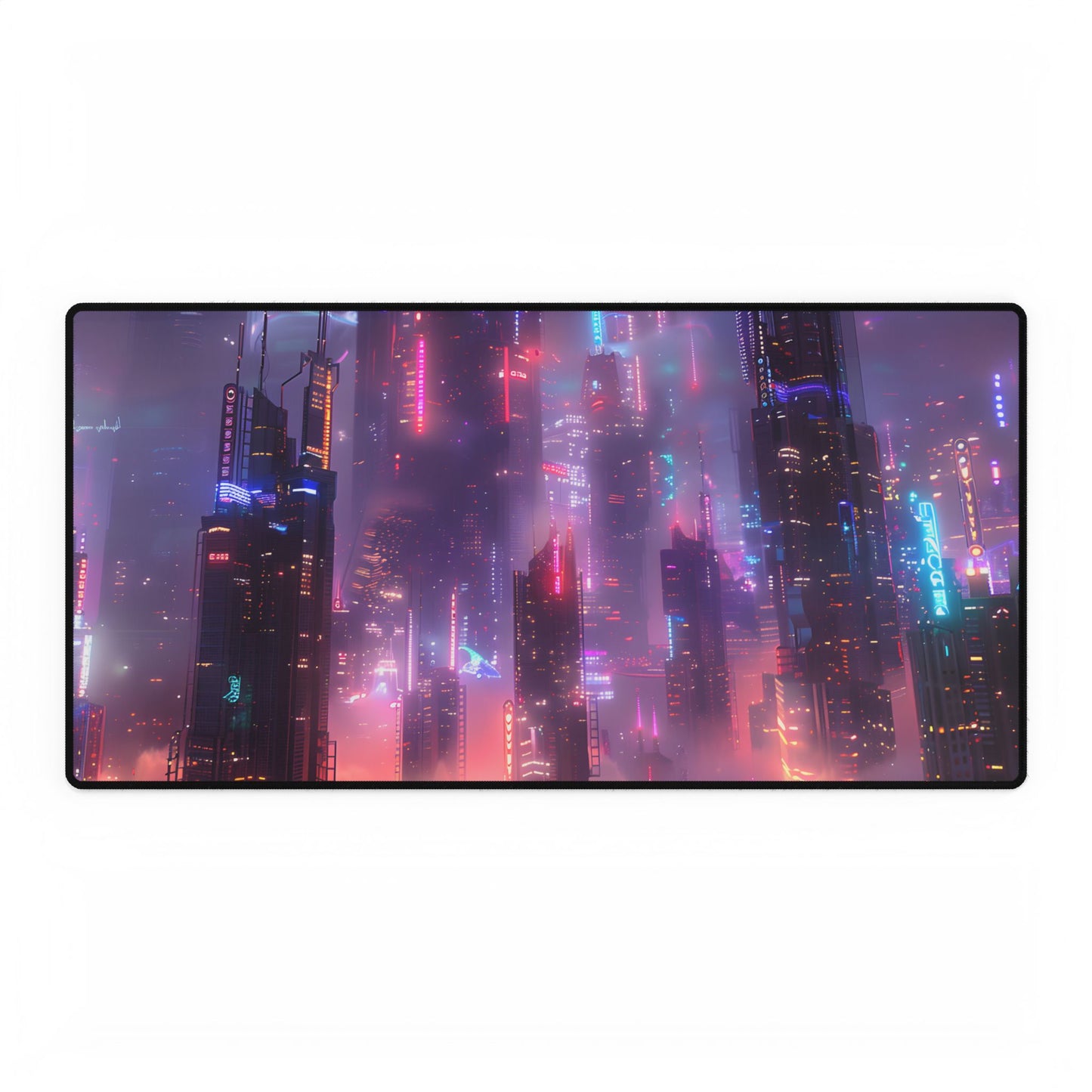Neon Futuristic Cityscape: Graphic Modern Art - Desk Mat