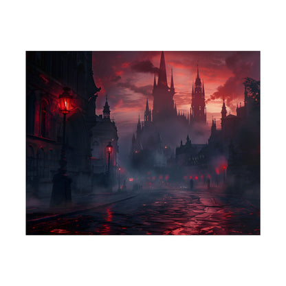 Gothic City Dusk: Pointed Arches and Misty Atmosphere - Poster