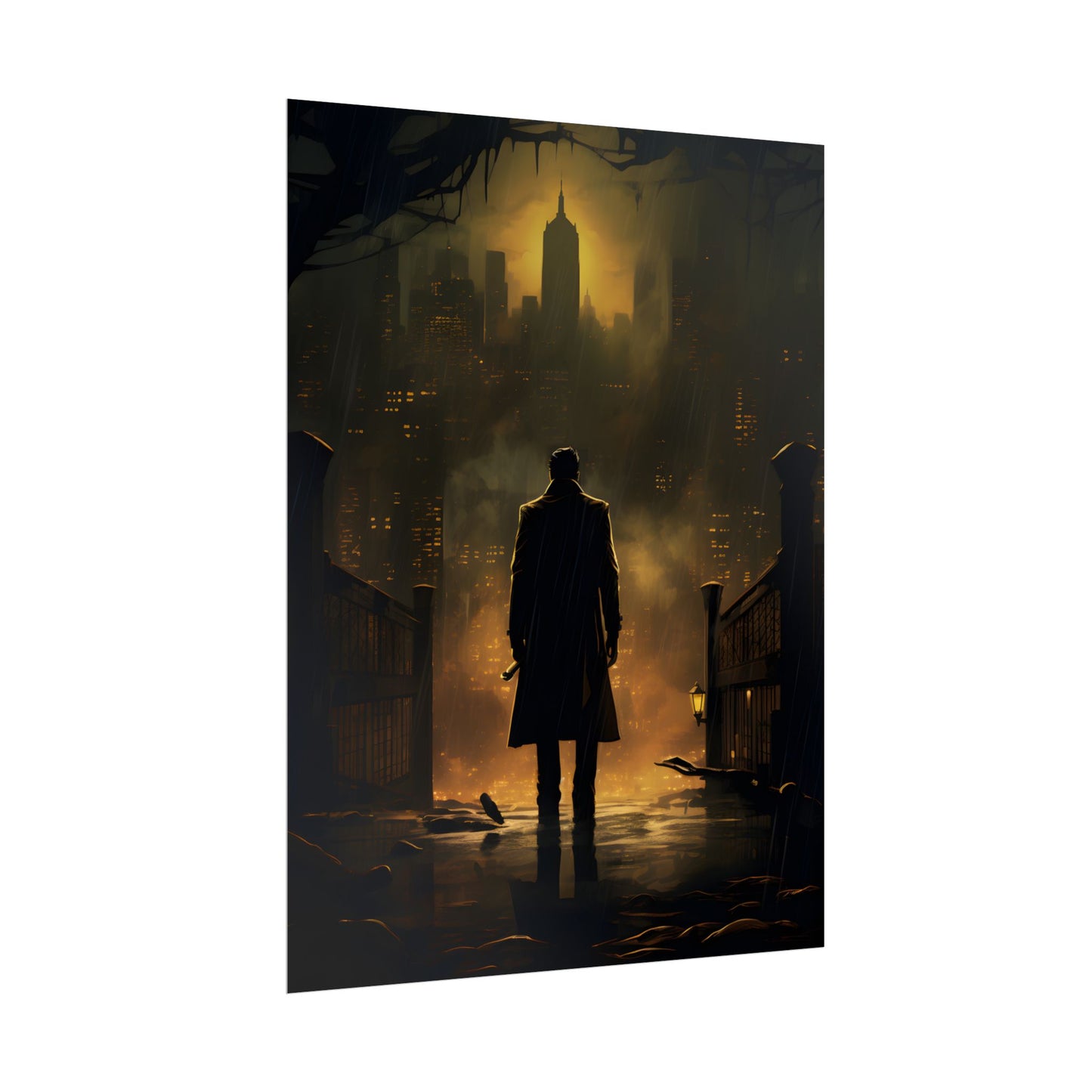 Urban Fantasy Detective: Moody City Skyline Reflection - Poster