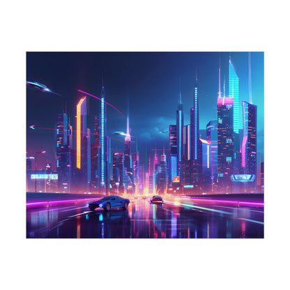 Futuristic City Glow: Neon Lights Digital Art - Poster