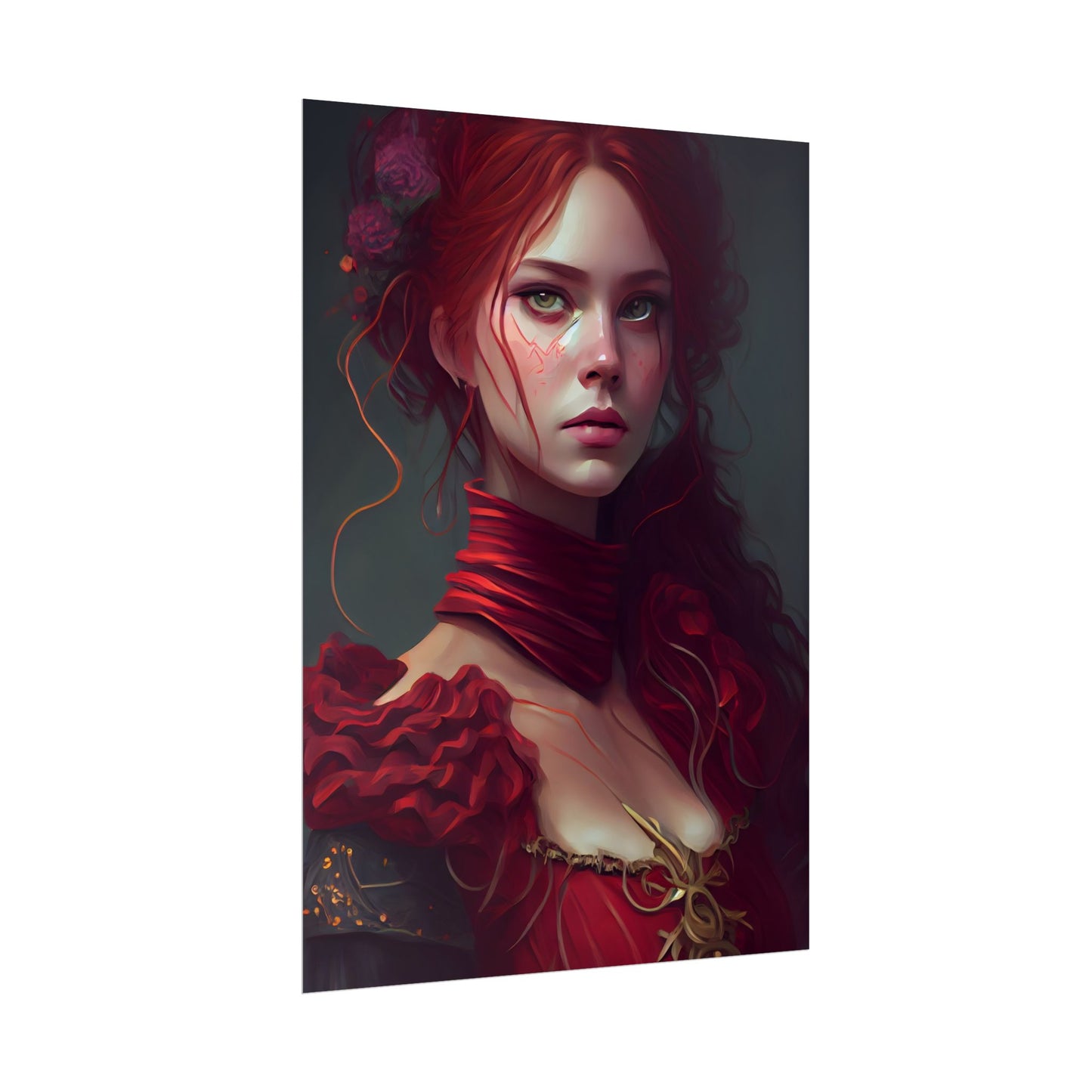 Vibrant Redhead Portrait: Female Artwork in Red Dress - Poster