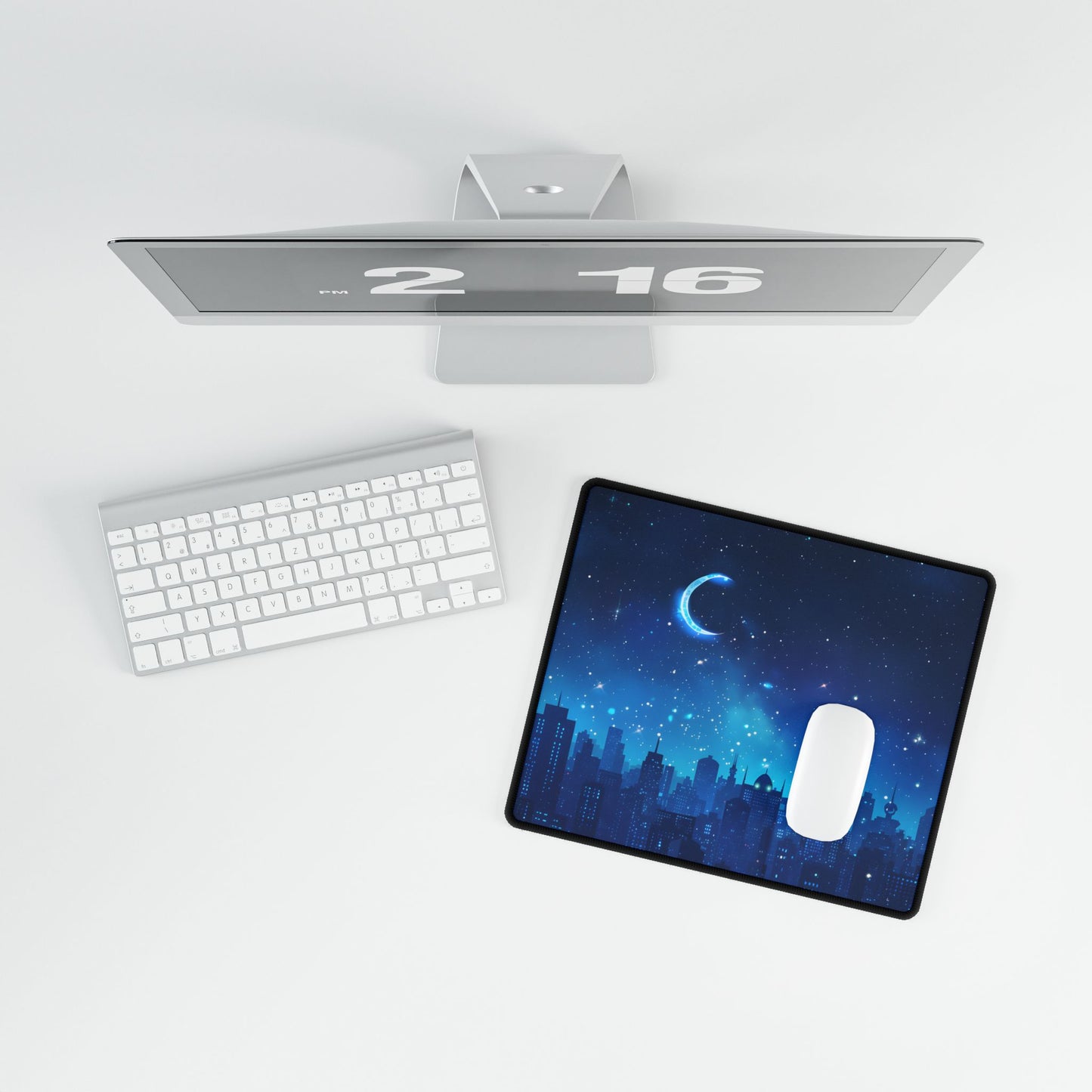Peaceful Night Sky with Crescent Moon: Starry Digital Art - Desk Mat