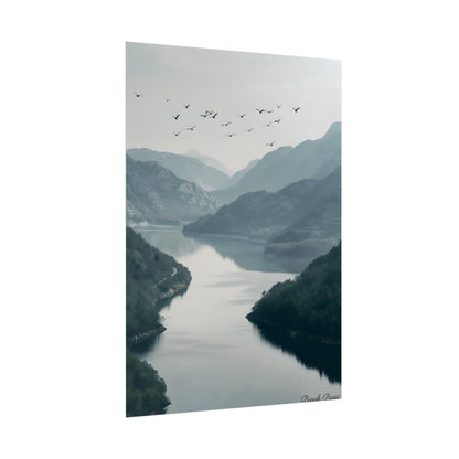 Peaceful Mountain Oasis: Serene Birds Eye View Artwork - Poster