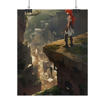Anime Birds Eye View: Red Haired Female in Action Fantasy Scene - Poster